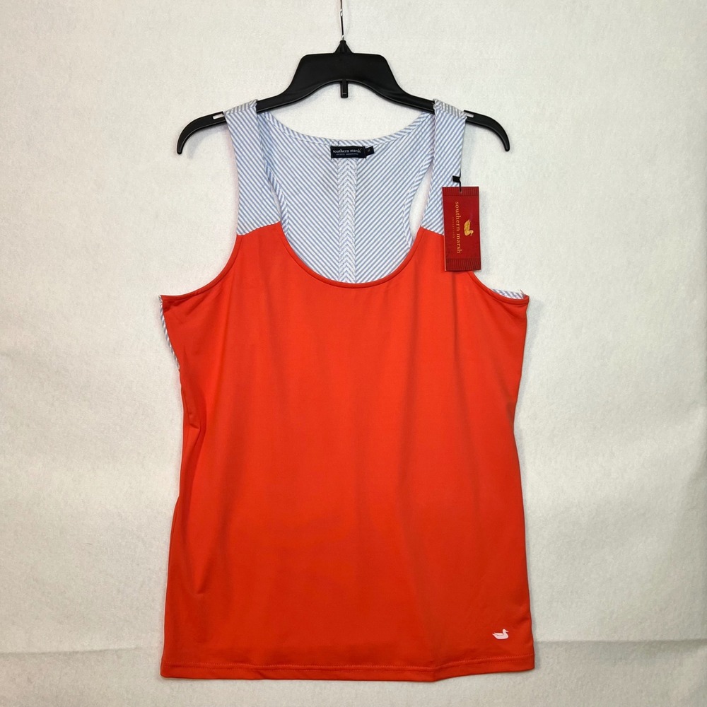 New Southern Marsh FieldTec Racerback Yoga Tank Neon Coral Striped Seersucker XL